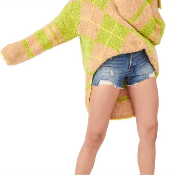 Free People Sunshine to Follow Argyle Cotton Blend Sweater Lemon Sugar Combo NEW - Picture 10 of 10